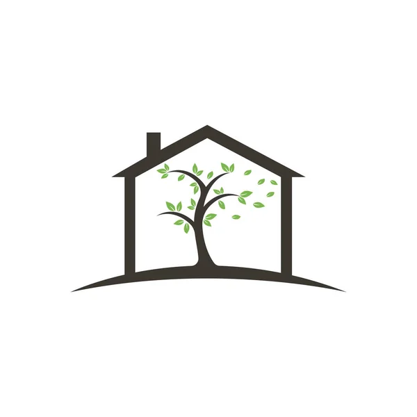 ツリーハウスのロゴデザイン 最小限の木の家のロゴ会社とビジネス エコハウスベクトルデザインテンプレート — ストックベクタ