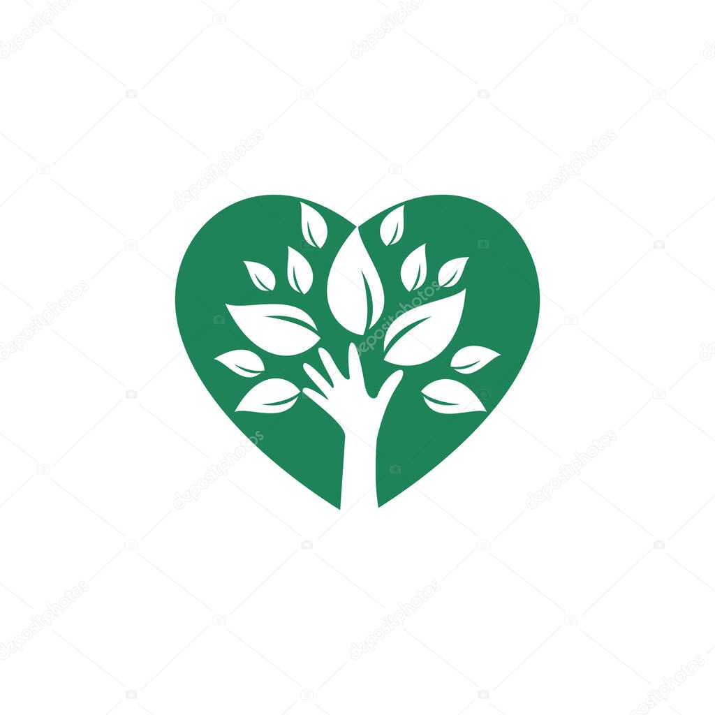 Creative green hand tree and heart logo design. Natural products logo. Cosmetics icon. Spa logo. Beauty salon or yoga logo.