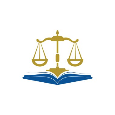Hukuk eğitimi logosu tasarımı. Vektör Terazi ve açık kitap logo kombinasyonu.