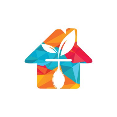 Sağlıklı gıda logosu şablonu. Kaşık ve yaprak sembollü ev.