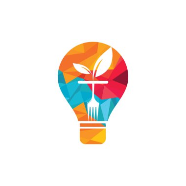 Sağlıklı gıda fikri logo tasarım şablonu. Yaprak ve çatal simgesi dizaynlı ampul.