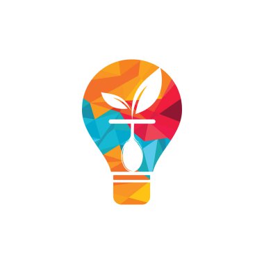 Sağlıklı gıda fikri logo tasarım şablonu. Yaprak ve kaşık simgesi dizaynlı ampul.