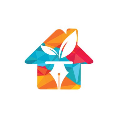 Yaprak ve kalem logosu tasarımı. Eğitim ve yazar topluluğu logosu. Yaprak ve yaka simgesi tasarımı olan ev.