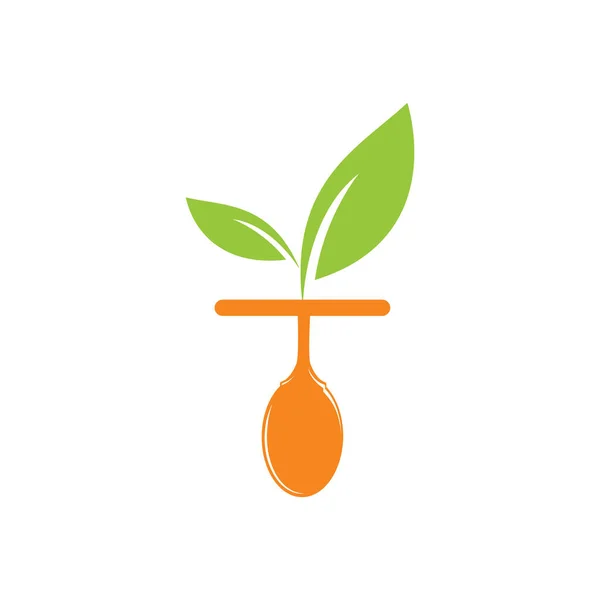 Gezonde Voeding Logo Template Biologisch Voedsellogo Met Lepel Bladsymbool — Stockvector