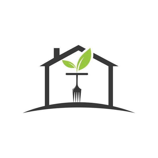 Modello Logo Alimentare Sano Home Con Forchetta Simbolo Foglia — Vettoriale Stock