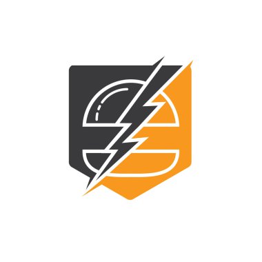 Flash burger vektör logosu tasarımı. Burger ve fırtına simgesi logosu.