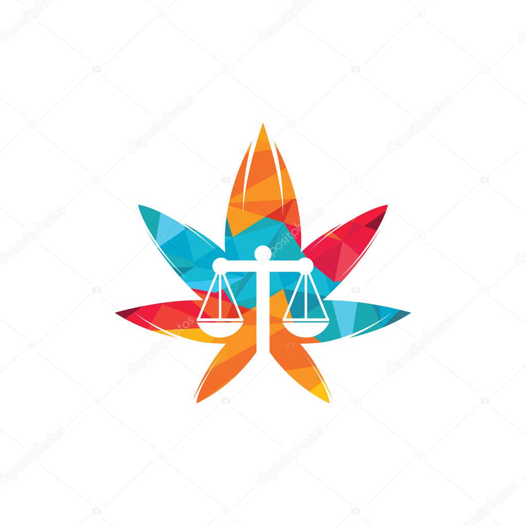 Cannabis law vector logo design. Cannabis marijuana and scale of justice icon vector logo template.