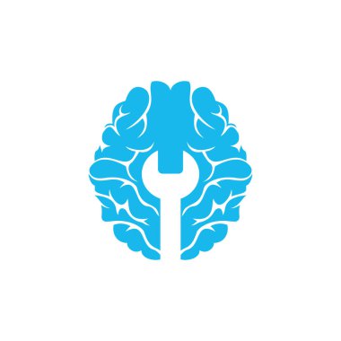 Beyin onarımı vektör logosu tasarımı. Beyin ve anahtar simgesi logosu tasarımı.
