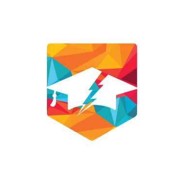 Flash öğrenci vektör logosu şablonu. Mezuniyet şapkası ve gök gürültüsü simgesi olan eğitim logosu.