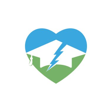 Flash öğrenci vektör logosu şablonu. Gök gürültüsü ve kalp ikonuyla mezuniyet şapkası.