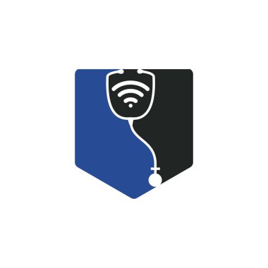 Stetoskop Wifi Tıbbi Logo Tasarımı. Wi-Fi sinyalleri simgesi ile stetoskop.