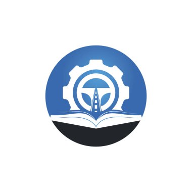 Sürücü okulu logosu tasarımı. Çarklı direksiyon ve kitap simgesi.