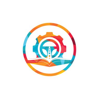 Sürücü okulu logosu tasarımı. Çarklı direksiyon ve kitap simgesi.