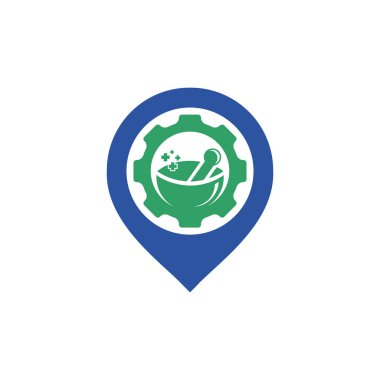 İğne işaretleyici vektör logosu tasarımlı bir vites eczanesi. Tamirci sağlık logosu kavramı.
