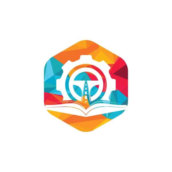 Diseño Del Logotipo Escuela Conducción Volante Con Cog Icono Libro — Vector de stock