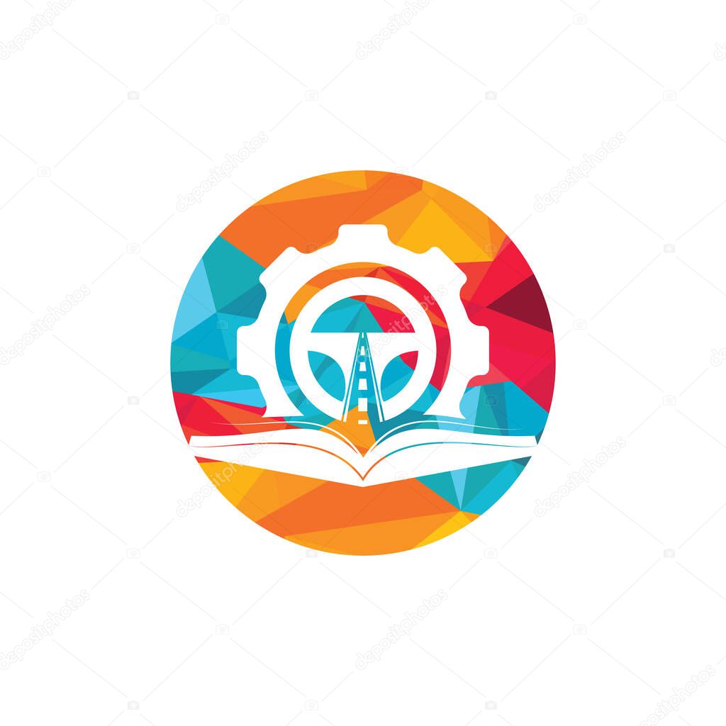 Driving school logo design. Steering wheel with Cog and book icon.