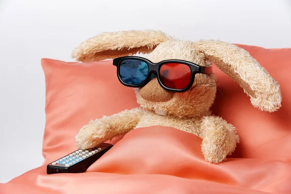 A toy rabbit in stereo glasses with a remote control from the TV lie in bed.