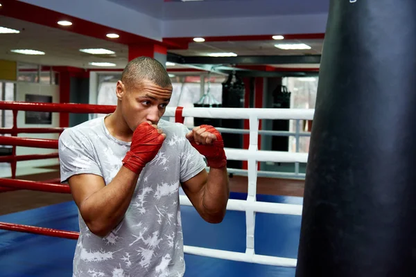 Boxer hitting a huge punching bag at a boxing studio. Boxer training hard.