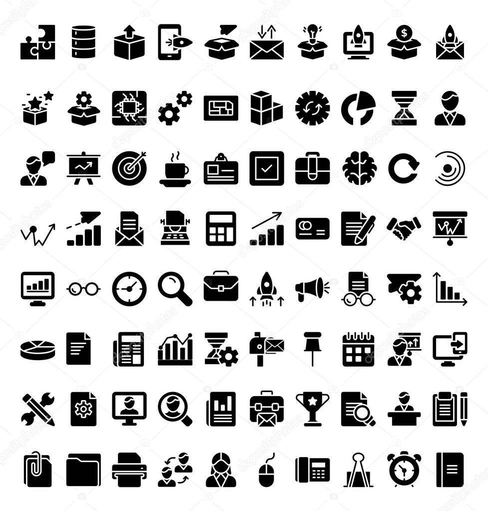 Look, here are some technological visulas of module, project release, presentation glyph vectors pack. These worth grabbing visuals not only helps you in graphic designing but, project designing, and logistic delivery as well. Grab and rectify icons