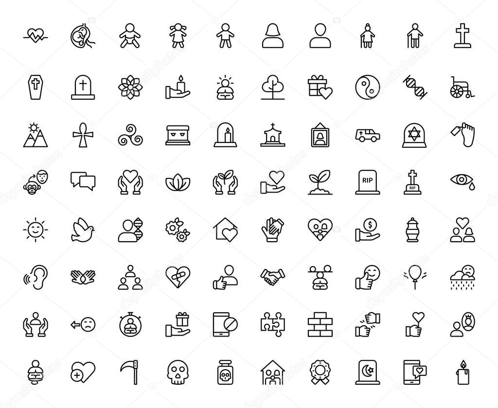A creative vector set containing life, death, life evolution line icons with unique conceptual visuals, perfectly usable in designing, healthcare, graphics and other related industries. Hold it and use as per requirement, 
