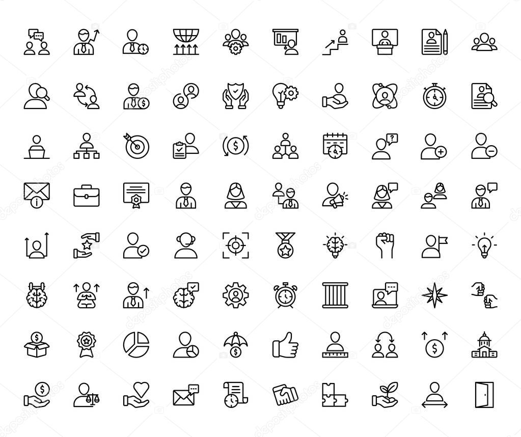 Personal quality, employee management line icons pack accommodating 80 vectors. Precisely drawn vectors are easy to use in graphic designing, business analysis, template design, employee management and so on. Avail this opportunity to fix these adju
