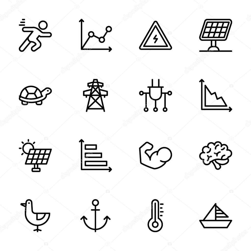 We are offering technological icons of power, speed, graph, sprint, line icons pack. Editable icons are amazing to use in graphic designing, project designing, and technology advancement etc.