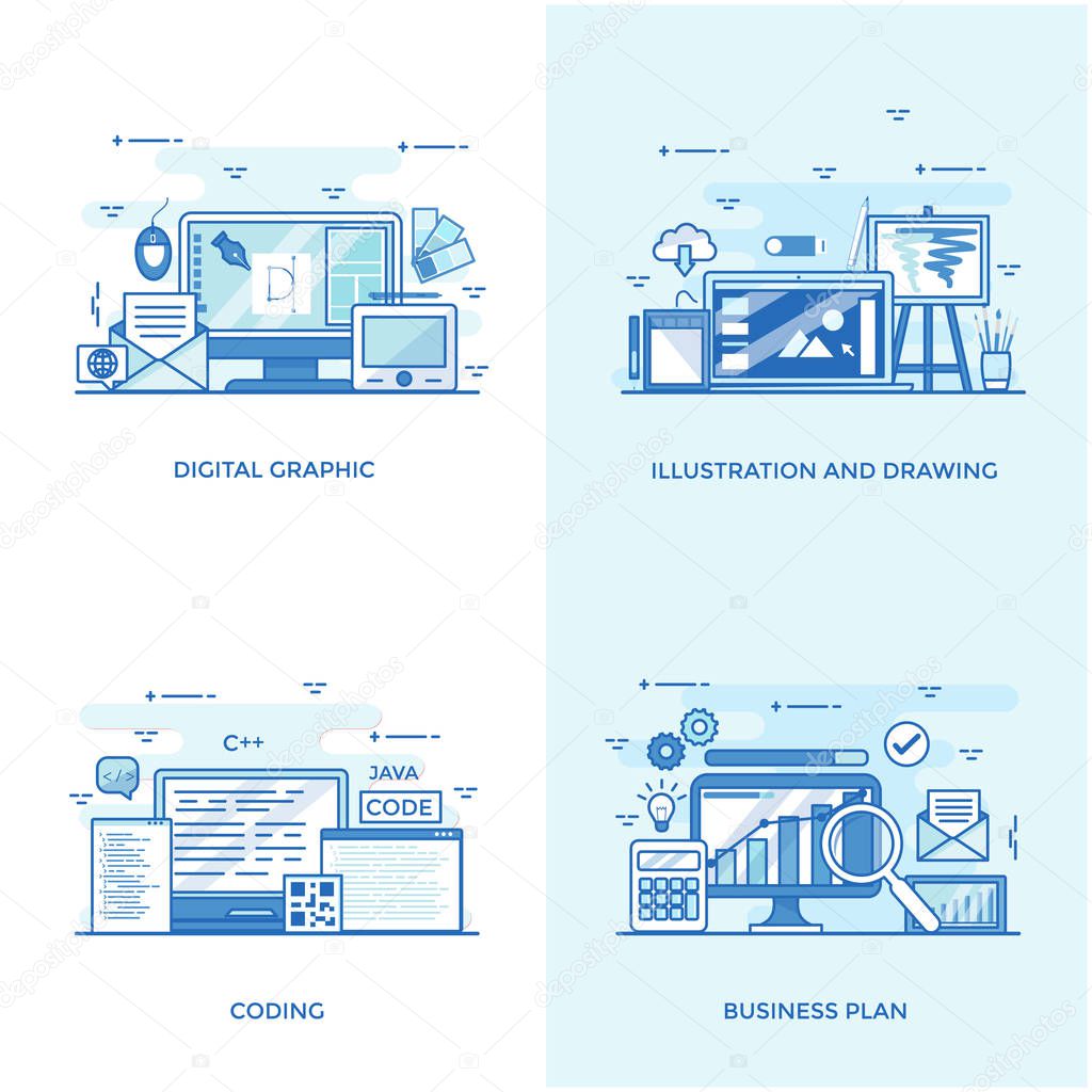 A pack of modern concepts vector illustration is filled with the visuals related to modernized approaches of it, internet, e-commerce and many more.