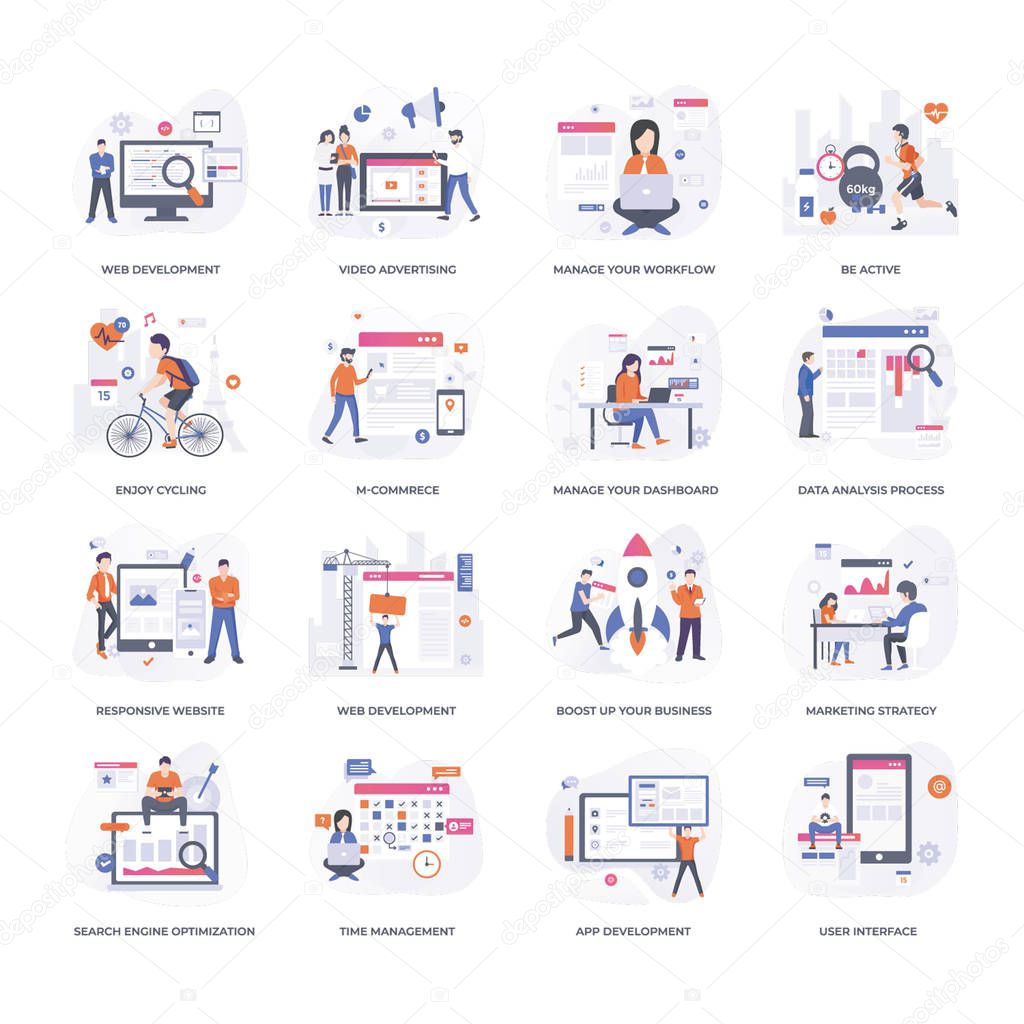 This is flat conceptual illustrations set of project management.These vectors are great for presentations, web design, web apps, mobile applications or any type of design projects.