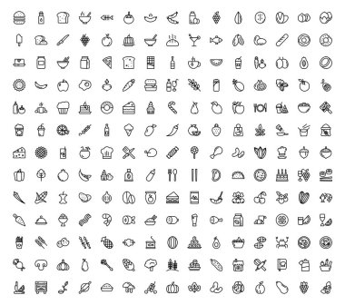 Burada Restoran için gıda simgeleri bir iştah açıcı paketi var, web tasarımı ve gıda ile ilgili projeler, Snack gıda ile dolu, meyve ve hat vektör tasarımı sebze. Gerekliliğe göre düzenleyin ve kullanın. 