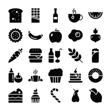 Gıda paketi Restoran Menü, telefon simgeleri ve diğer tasarım projeleri için özel olarak tasarlanmış. Glif simgesi bu set gıda görüntüleme ve maddeler sağlık kavramı ile yemek. Kullanmak için basılı tutun. 