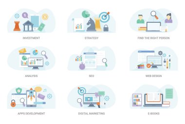 İş ve Finans vektörel çizimler çeşitli oluşan bu düz konsept illüstrasyon paketi. Bu set-ebilmek var olmak kullanılmış içinde grafik tasarımı ve diğer projeler, bu paketi tutun.