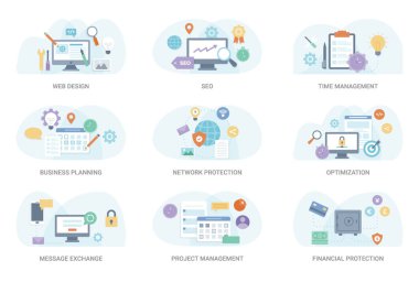 İş ve Finans vektörel çizimler çeşitli oluşan bu düz konsept illüstrasyon paketi. Bu set-ebilmek var olmak kullanılmış içinde grafik tasarımı ve diğer projeler, bu paketi tutun.
