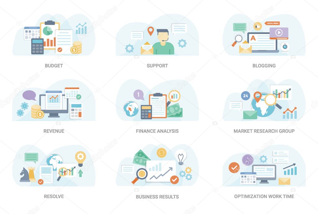 This flat concept illustration pack consisting of wide range of business and finance vectors. This set can be used in graphic designing and other related projects, hold this pack.