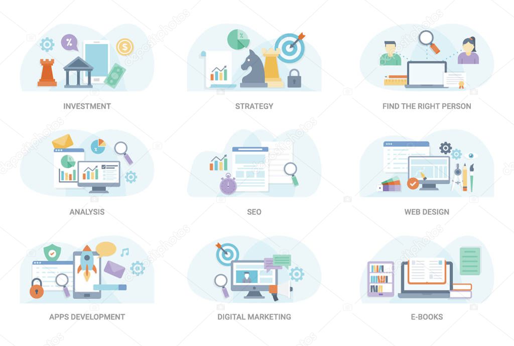 This flat concept illustration pack consisting of wide range of business and finance vectors. This set can be used in graphic designing and other related projects, hold this pack.