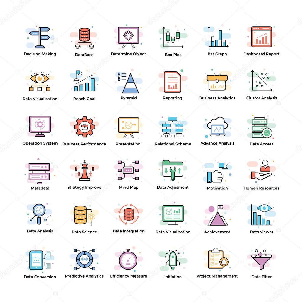 Data analytics icons pack containing processes and systems to extract knowledge or insights from data in various forms areas. Completely editable and easy to download