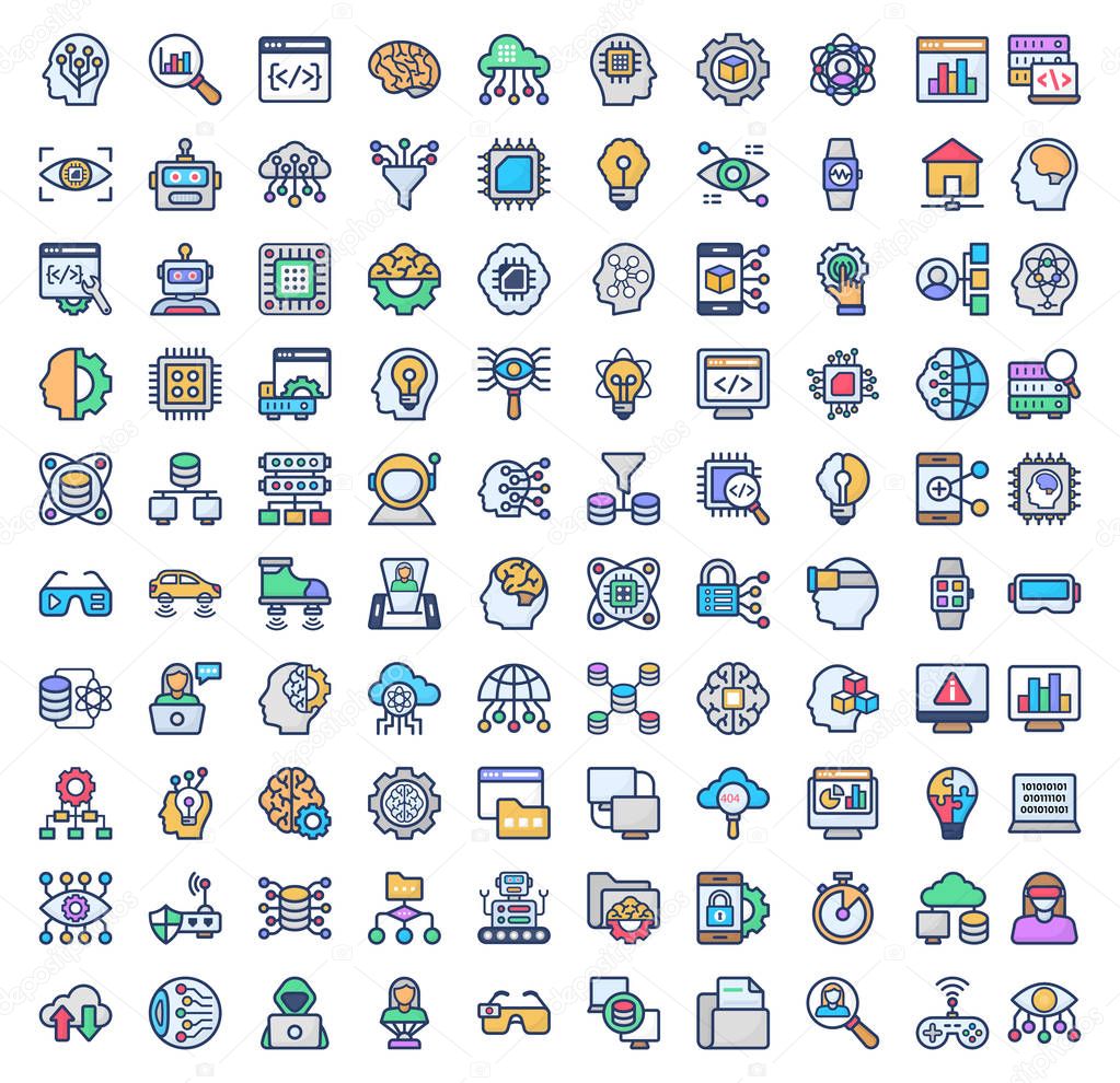 Get your best data science technology flat icons pack having 100 visuals for your design project. Technically designed vectors are editable and easy to use. Hope you will find it useful in it in your next project. 