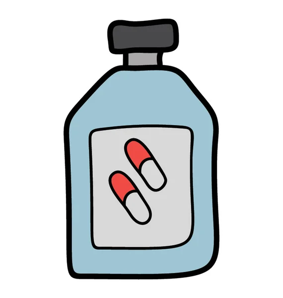 Garrafa de remédio no ícone doodle — Vetor de Stock