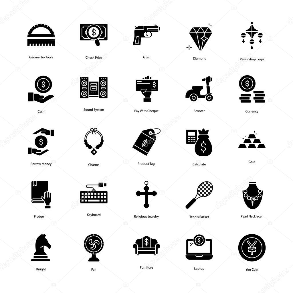 Get your best pawn shop solid icons set portraying visuals for your design projects. Icons having editable quality makes this set worthy for you. Hold it and utilize in associated department.