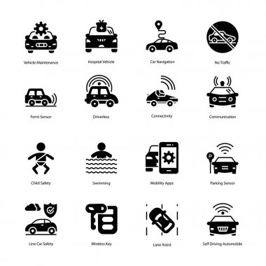 Sürüş Ve Araba Dedektörü Glyph Simgeler