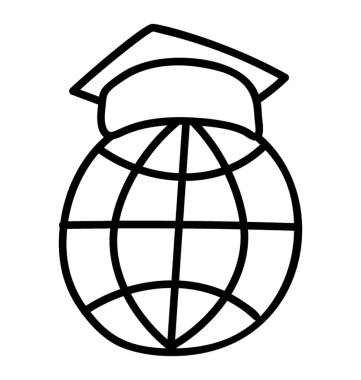 Harç tahtası ile küre, çizgi tasarımında uzaktan eğitim simgesi.