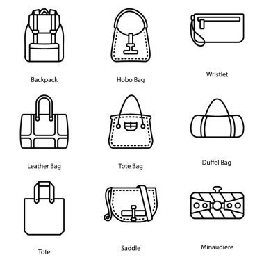Sırt çantaları, çanta ve çanta hattı simgeleri paketi çeşitli moda endüstrisi ve çok daha fazlası ile ilgili farklı görseller içeren burada. Editable vektörler kullanışlıdır, bu yüzden, şimdi yakala!