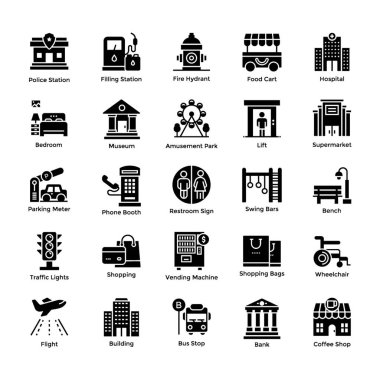 Özel olarak tasarlanmış şehir elemanları katı simgeler paketi kolaylığı için burada. Tasarım projeniz için değiştirilebilir vektörlerin kullanımı kolaydır. Şimdi tutun!