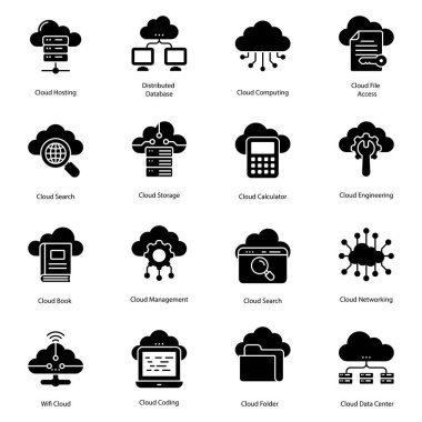 Here is a set of cloud computing glyph icons, having exhilarating visuals thats are easily editable and modify as per your project needs. Select and download it ! clipart