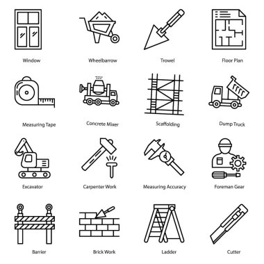 Tasarım, makine, gadget'lar görseller sahip Inşaat ekipmanları çizgi simgeleri paketi. Kullanılabilir simgeler yalnızca iş ihtiyaçlarınızı karşılamak üzere tasarlanmıştır