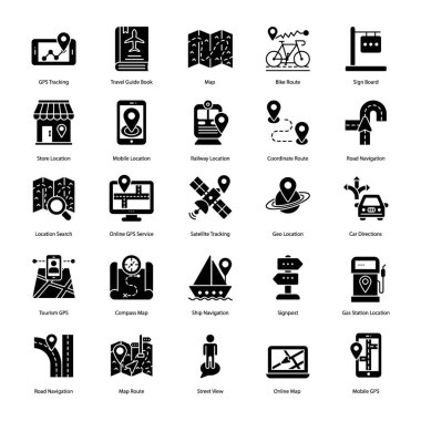 Burada kolayca ihtiyacınıza göre edebilirsiniz harita navigasyon simgeleri büyüleyici ve büyüleyici görseller sahip harita konumu glyph vektörleri kümesidir. 