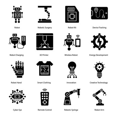 Burada robotik cerrahi yüksek teknoloji simgeleri tasvir robotik teknolojik görseller olan robotik cerrahi glyph simgeleri bir dizi, kolay ve kullanılabilir.  