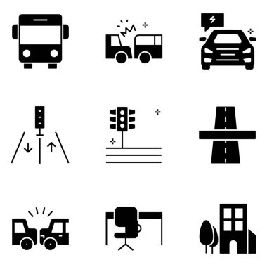 Trafik glyph vektörseti, yaklaşan tasarım projeniz için burada. Editable vektörler kapma değer. İhtiyaçlarınıza uyacak şekilde indirin.