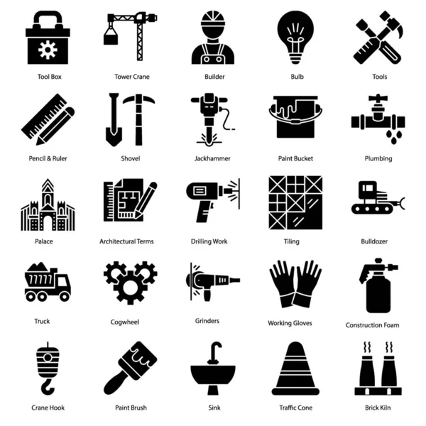 Строительные Инструменты Глифические Иконки Упаковки Имеющие Конструкции Машины Оборудование Визуальные — стоковый вектор