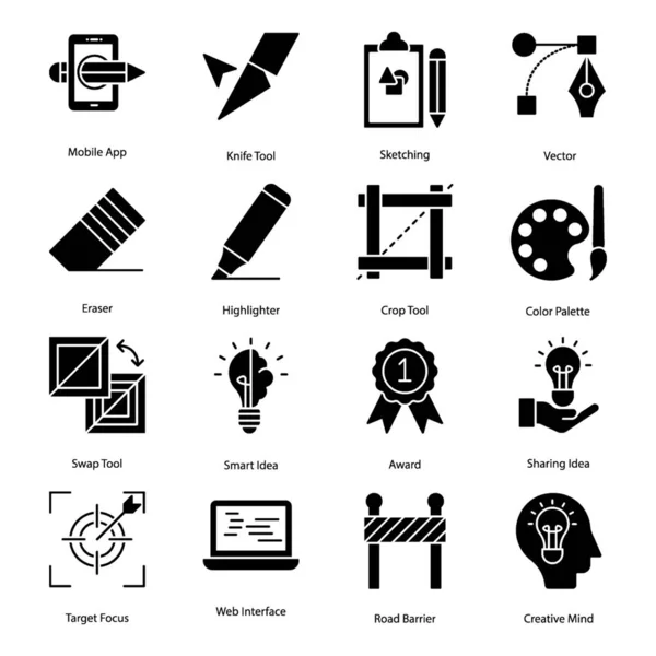 Iconos Diseño Gráfico Establecidos Diseño Del Glifo Los Elementos Creativamente — Vector de stock