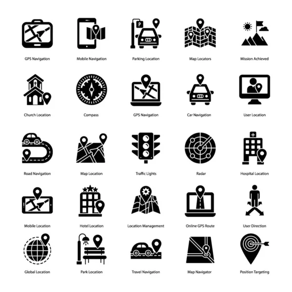 Hier Een Set Van Glyph Pictogrammen Voor Kaart Navigatie Met — Stockvector